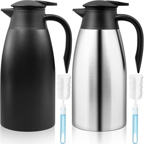2 Pcs 2 Liter Thermal Coffee Carafe Insulated Stainless Steel Coffee Carafe for Hot Liquids Vacuum Thermal Pot Creamer Dispenser with Brushes Keeping Hot 12 Hours (Silver, Black)