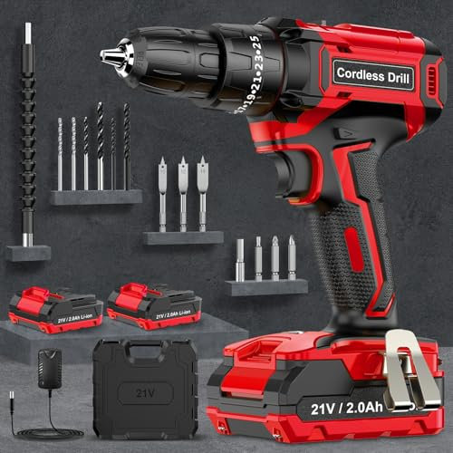 Cordless Drill Driver 21V, MHPRO Cordless Hammer Drill with 2 Batteries 2000mAh, 25+3 Torque, 42N.m Max 2 Speed, LED Light, 14PCS Accessories for Home and Garden DIY Project