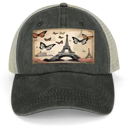 JTREWBV Unisex Erwachsene Baseballkappe Vintage Paris Eiffelturm Print Trucker Hat Verstellbare Passform Outdoor Mesh Snapback Hüte für Camping, Angeln, Jagd, Schwarz, 44