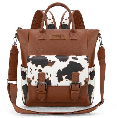 Montana West Wrangler Rucksack für Damen, mittelgroß, wandelbar, Schultertasche mit Crossbody-Gurt, für Reisen, Arbeit, Cowprint - Braun, Medium, Freizeit