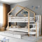 Litera Infantil con Cama Nido Extraíble y Corredera | Escalera con 3 Cajones | Barandillas de Seguridad | Somier Incluido | 90x200cm + 90x190cm | Natural y Blanco