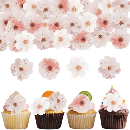 Affivia Kirschblüten Essbare Blüten Tortendeko, 48 Sk Tortendeko Essbar Blumen Rosa, Essbare Blumen für Torte,Zuckerblumen Muffin,Esspapier Kirschblüte Kuchen Deko für Geburtstag, Hochzeit,Braut,Taufe