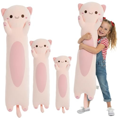 Kekeso Lungo Peluche Gatto - Cuscino Morbido Gatto per Bambini & Adulti, Kawaii Cuscino a Corpo di Gatto, Regalo Carino per Amanti dei Gatti (Rosa, Occhi rotondi, 60cm/23.62inch)