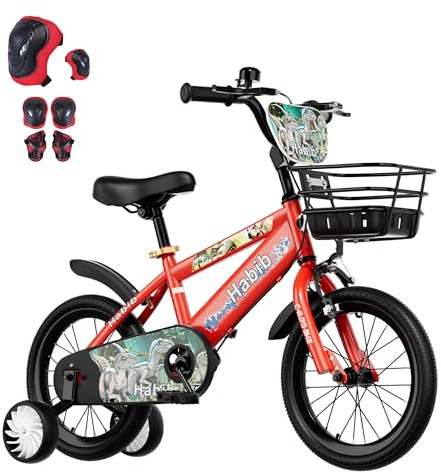 Habib Gruppe Jungenfahrrad Dino-Edition 16 Zoll | Komplettset mit Schutz-Set, Korb & Pumpe | Kinderfahrrad mit Stützrädern & Handbremse für Jungen ab 3 Jahre - (Rot)