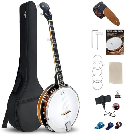 ModouString Banjo mit 5 Saiten, 96,5 cm, volle Größe, geschlossene Rückseite, Mahagoni-Banjo mit Remo-Kopf, 24 Halterungen, Gurt, Fingerplektren und komplettes Set für Erwachsene und Profis