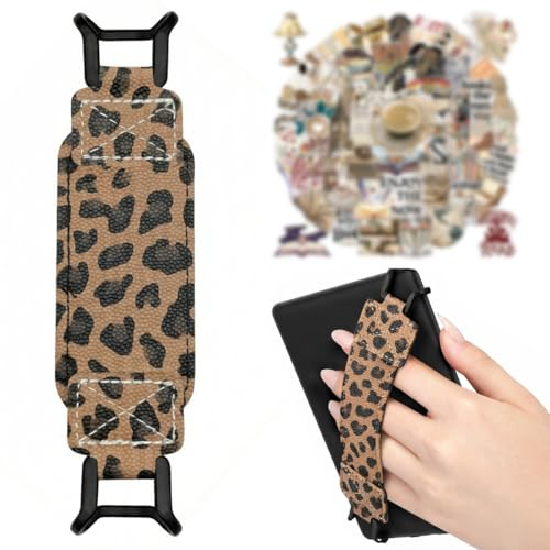 LEPGUYO Dragonne Support pour Liseuse Kindle, Correa Élastique Cuir PU Motif Léopard, Compatible 6-8 Pouces Liseuse & Tablet, 50 Autocollants Vintage Offerts, Soulage Douleurs de Poignet