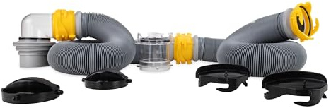 Camco 39658 Deluxe 20' Swivel Ready to Use Kit Complete with Sewer Elbow Fitting, Hoses, Storage Caps and Bonus Clear Extender, Gray