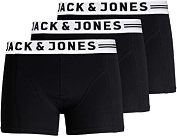 JACK & JONES Men's 3 Pack Sense Trunks Boxer Briefs Stretch Slim Fit Basic Underwear Set, Colours:Black, Size:XXL