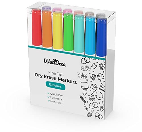 WallDeca Whiteboard Marker Set mit Schwamm - Geruchsarme Whiteboard Stifte mit feiner Rundspitze in 13 bunten Farben