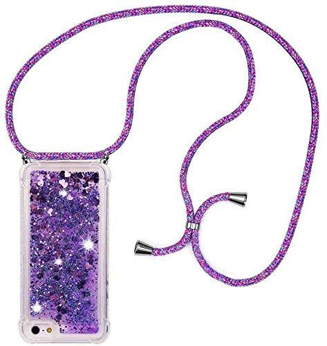 HongMan Handykette Hülle für iPhone 6/iPhone 6s - Quicksand Glitzer Hülle mit Band - Silikon Handyhülle mit Kordel Umhängenband - Schnur mit Treibsand Case zum Umhängen, lila