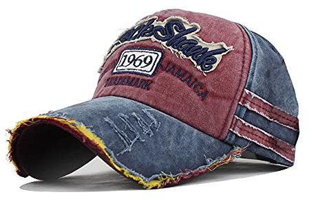 YULOONG Vintage Baumwolle Baseball Cap Fashion Washed Denim Retro Ausgefranste Kante Sonnenhut Bestickter Trucker Hut Klassische Sport Casual Cap Einstellbare Größe für Männer Frauen (B-Rot)