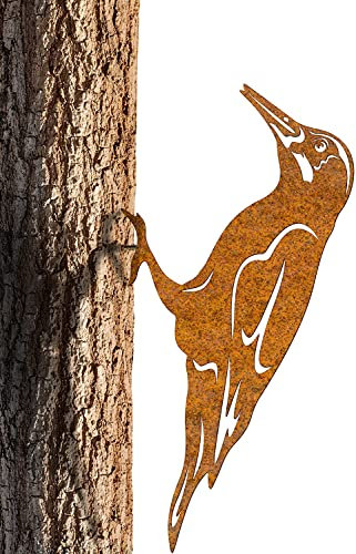 Rostfigur Vogel Specht aus Metall – 30 cm hoch mit angeschweißter Schraube – Wetterfeste Edelrost Gartendeko zum Anschrauben an Baum, Zaun oder Wand – Handgefertigte Tierfigur für den Außenbereich