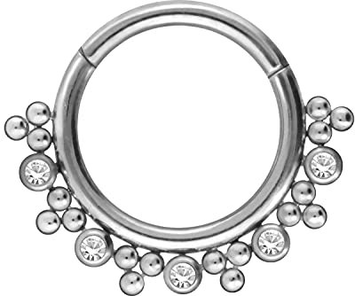 PIERCINGLINE Titan Segmentring Clicker 5 KRISTALLE + 18 KUGELN silberfarben Piercing Nase Septum Ohr Tragus Helix