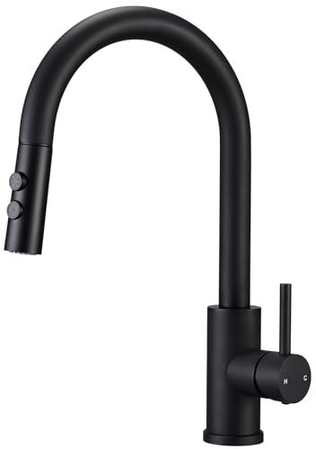 Hapilife Black Kitchen Taps with Pull Out Spray Single Lever Pull Down Kitchen Mixer Taps 1 Hole Swan Neck Sink Mixer Tap 360° Swivel Spout Faucet Stainless Steel