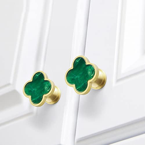 Xyconcep 6pcs Gold Color Bronze Alloy Knobs, Kitchen Cupboard Drawer Pulls Kitchen Wardrobe Furniture Handles (6pcs, Small Clover Marble Green, with Screws)