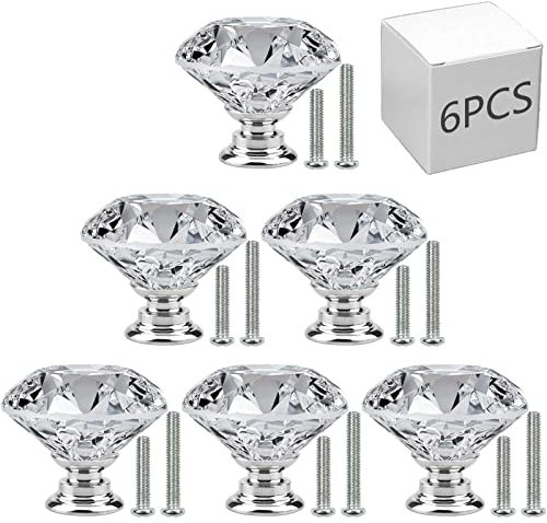JIIDAA 6 PCS Cabinet Knobs with 2 Sizes Screws, 30mm Drawer Handles Crystal Glass Diamond Shaped cupboards Door Knobs for Dresser Drawers and Kitchen, Bathroom Cabinet, Office