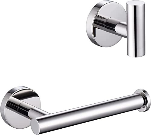 YUET Chrome Towel and Toilet Roll Holder Set Bathroom Accessory 2 Pieces Home Paper Tissue & Coat Hook Holders Bar Accessories SUS 304 Stainless Steel Hardware Wall Mounted Polished Finish
