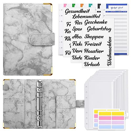 KONVINIT Budget Planner A6,Budget Binder mit 8 Geldumschläge Umschlagmethode,12 Budgetbogen,PU Leder Ringbuch Budgetplaner,Geld Organizer Sparbuch mit Folien für Budgetierung,grau