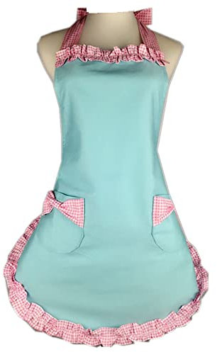 DNLKWGO Vintage-Baumwollschürze, Rüschen-Design, Seitendesign, Lätzchen, Kochschürze für Frauen, Kochen, Backen, Gartenarbeit, Blau/Pink, Einheitsgröße