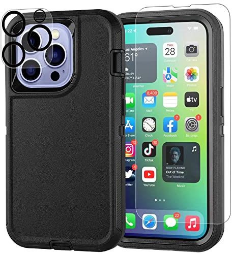 smartelf iPhone 14 Pro Case Heavy Duty Shockproof Built-in Tempered Glass Screen Protector and Camera Lens Protector Dust-Proof Drop-Proof Scratch-resistant Hard Shell Cover 6.1 inch-Black