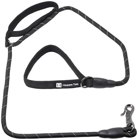 Harpers Tale Reflective Black Rope Dog Lead Innovative Design with Adjustable Control Handle - Easy Attach Hook - Neoprene Padded Handles 1.5 M Long for Small, Medium & Large Sized Dogs