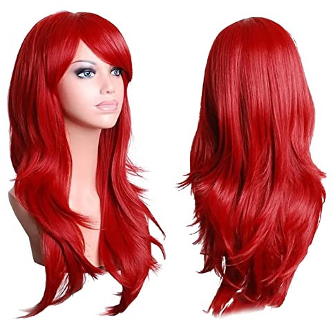 Gewellte Rote Perücken für Frauen, Atmungsaktive Weiche Bequeme Rote Lange Lockige Perücke mit Haarnetz Kunstfaserperücke für Halloween Weihnachts Cosplay Party