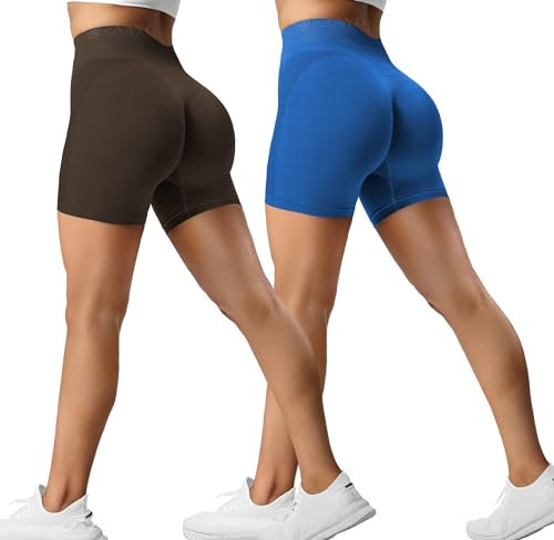 ZAAYO 2er-Pack Sport Short Damen Butt Scrunch Kurze Sporthose Laufhose Hohe Taille Kurze Hosen Butt Lift Booty Nahtlos Fitness Tie Dye Gym Shorts Coffee-Blue Medium