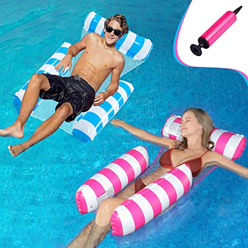 2 Pièces Bouée Piscine Adulte, Hamac Flottant Gonflable 4 en 1 avec Pompe à Air, Matelas Flotteur Gonflable, Accessoire de Piscine pour Plage Vacances Fête