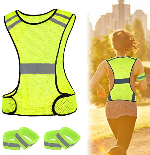 DOUSELLA Reflektierende Weste Laufen Warnweste Gelb Leicht Sicherheitsweste Fahrrad Leuchtweste mit Reflektierende Armband Verstellbare Laufweste Reflektierenden Streifen Weste für Joggen Radfahren