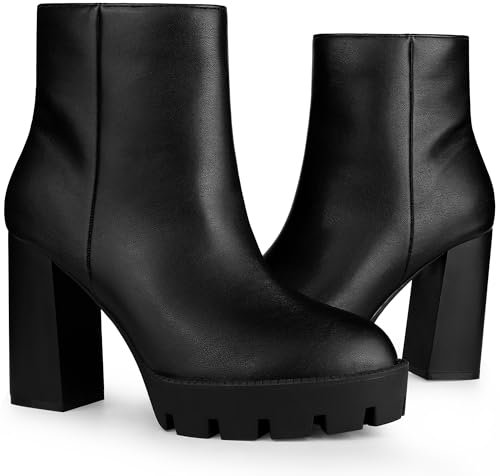 Allegra K Damen Plateau Lug Sohle Runde Zehe Seitlicher Reißverschluss Blockabsatz Chelsea Boots, Schwarz, 38 EU