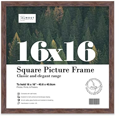 Almost Frameless 16x16 Walnut Picture Frame 16x16(40.6x40.6cm) Poster, Photo, Artwork, or Print. Thin Edge Slim Frame Portrait and Landscape Display with Wall Hooks