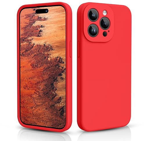 CALOOP Slim-Fit for iPhone 15 Pro Case,Skin Soft Liquid Silicone,Sturdy Hard Frame Shockproof Cover with Anti-Scratch Microfiber Lining,Full Protection for Screen and Camera Lens, 6.1 inch(Red)