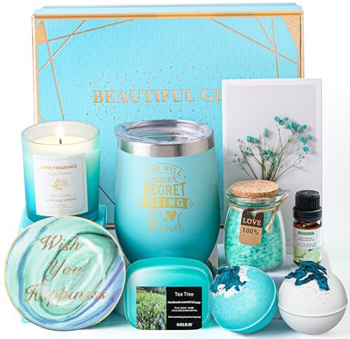 Entspannung Geschenk für Frauen, Spa Beauty Badeset Geschenkset mit Duftkerze, Seife, Thermobecher, Badesalz, Badebombe, Verwöhnset Wellness Geburtstag Geschenk für Frauen, sie, Freundin, Mama, Oma