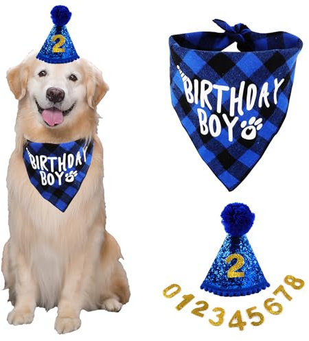Hunde Geburtstag Hut Bandana Set, 3 Stücke Hunde Geburtstags Bandana Mütze mit 8 Bling Nummern, Hundegeburtstagsgeschenk, Hund Geburtstag Deko (Blau)