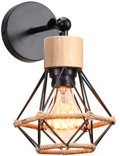iDEGU Applique Murale Intérieure en Bois Vintage Lampe Murale Industrielle Design Cage Plafonnier Luminaire Abat-jour en Métal avec Corde de Chanvre Réglable Éclairage Mural Salon Chambre Cuisine