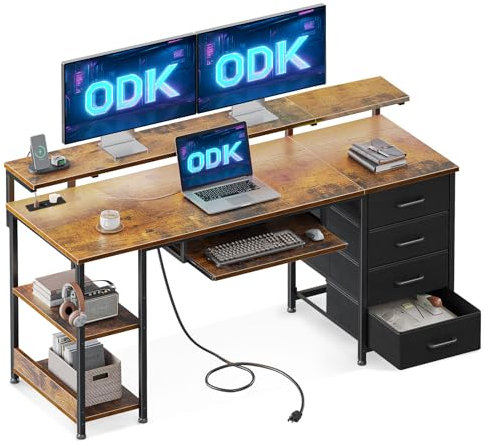 ODK Bureau avec 4 Tiroirs, Bureau d'ordinateur avec Prise de Charge USB et Prise de Courant, Bureaux Gaming Bureaux Informatique avec Étagères Réglable pour Domicile (Marron,140x52cm)