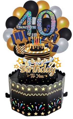 40.Pop Up Geburtstagskarte,Schwarze Gold Grußkarte 40er Geburtstag 3D Popup Karten Glückwunschkarte mit Umschlag Frauen Männer Geschenkideen