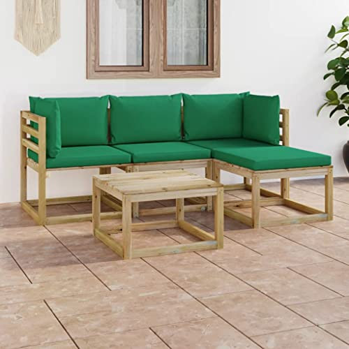 BUKSCYJS GartenmöBel Set,Gartentisch Ausziehbar,Sonnenliege5-Tlg. Garten-Lounge-Set Mit GrüNen Kissengeeignet FüR Garten, Terrasse, Wohnzimmer, BüRo, Outdoor