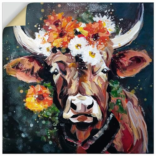 ARTland Wanddeko Wandtattoo selbstklebende Vinylfolie 50x50 cm Deko Modern Tiere Stier Kuh Blumen Kranz Farbe Porträt U5BI