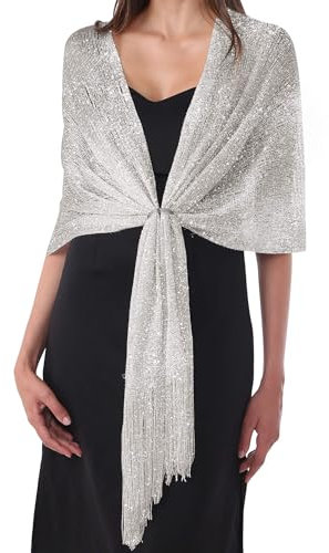 DiaryLook Stola scialle donna mantella elegante, coprispalle argento, stola oro elegante foulard con frange vintage disponibile In diversi colori per Matrimoni Cerimonia Sposa Festa,Silver