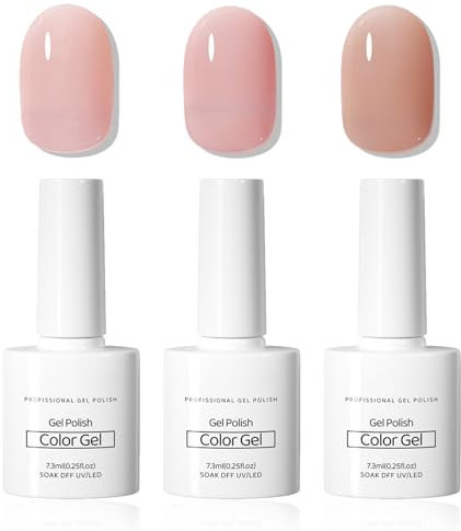 LUMKMAS Gel Nail Polish Set, Translucent Gel Nail Varnish, Spring Pink Nail Polish Kit, Sheer Nude Pink & Jelly Pink French Manicure Gel Nail Polish Soak-Off UV/LED, 3 Color Nail Gel Gift
