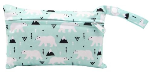 Qiantull Mini Windeltasche mit Bunte Tier-Muster wasserdichte Wetbag Wickeltasche 22 * 15cm Klein Nassbeutel Windel Tasche Wet Dry Cloth Organiser Beutel für Babys Schwimmen Reisen StrandEisbär