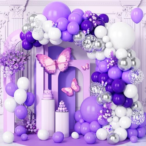 Teselife Palloncini Viola, 123 pezzi Bianco Viola Chiaro Scuro Opaco Arco Palloncini Kit con Coriandoli Argento Metallizzato per Ragazze Festa di Compleanno Matrimonio Baby Shower Bambino Decorazioni
