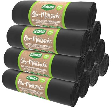 ECOSACK Öko Müllsäcke 240L, 10 Rollen (60 Beutel) extrem reißfest - In der EU produziert, aus recycelten Folien, mit erneuerbarer Energie hergestellt