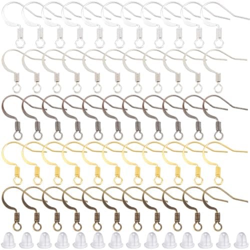 SOFPLATE 1 Box 500Pcs Gold Fish Hook Ear Wires Silver Earring Hooks Bulk Brass Fishhook Earwires with Plastic Ear Nuts French Flat Ball Dot Ear Wires for jewellery Making Supplies DIY Craft Beginner