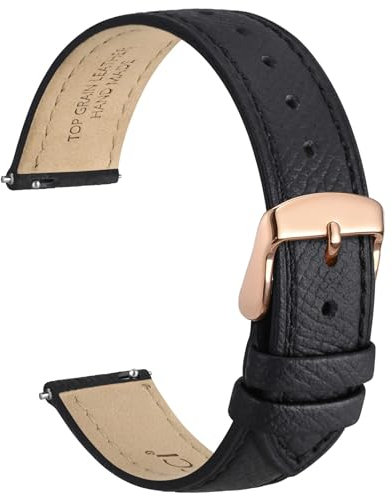 WOCCI 20mm Grace Uhrenarmband für Damen, Top Grain Leder, Schnellverschluss, Rosegoldener Schnalle (Schwarz)