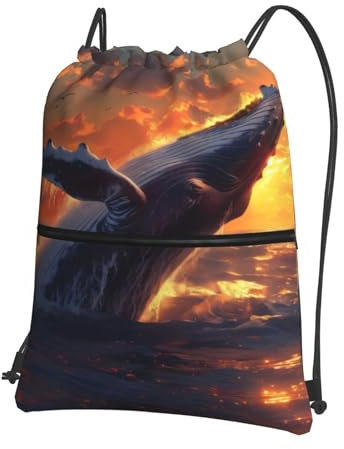 RAIZHE Springender Wal-Rucksack mit Reißverschluss, Kordelzug, multifunktional, langlebig und leicht, mit 1 kleinen Reißverschlusstasche innen für das Fitnessstudio, Schwarz , One size