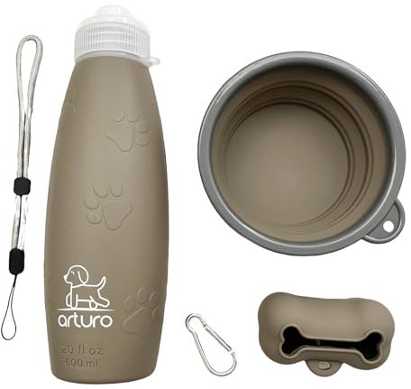 Botella 600ml. El tamaño Ideal. Agua Pipi Perros de Silicona A+ Apta también para Bebida. Recupera su Forma. con tapón antigoteo y Accesorios para Perros. Salida Chorro. Marron.