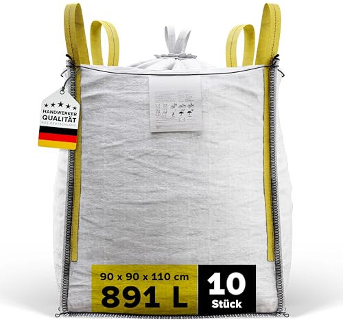 D-TACK 10x Big Bag | 90 x 90 x 110 cm | Säcke für Bauschutt, Holz, Laub, Kies, Sand, Erde, Gartenabfall, Grünschnitt, Pellets | 4 Schlaufen für Kran & Stapler | 1.000 kg | Inkl. Schürze zum Zubinden