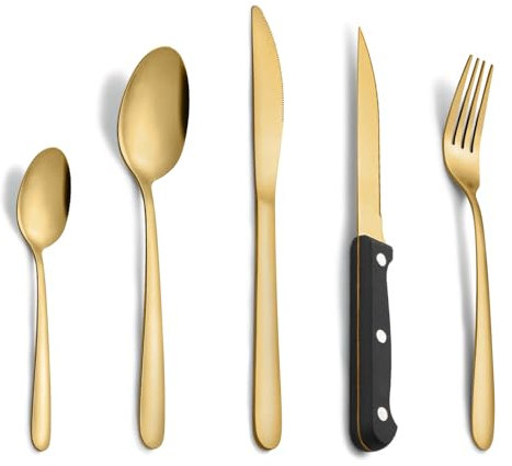 Pleafind Cubiertos, 30 piezas juego de cubiertos para 6 personas, cuberteria acero inoxidable, cuberteria dorado que incluyen cuchara, cuchillo, tenedor,cuchillo de carne, apto para lavavajillas